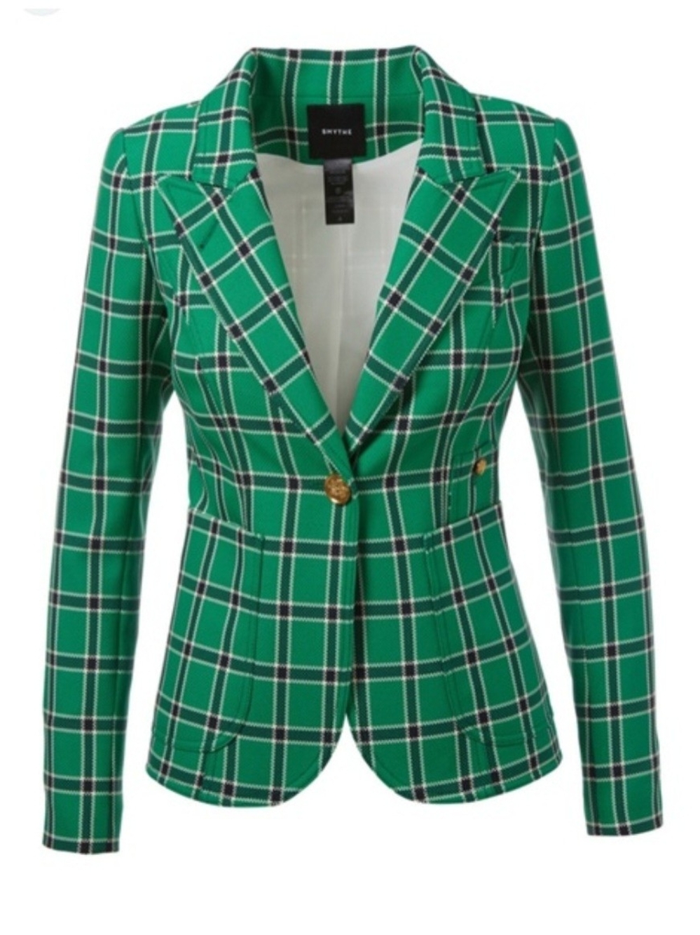 Smythe Emerald Green Plaid Tailored Duchess Blazer with Gold Buttons